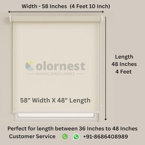 Image of 100% Blackout Roller Blinds for Windows 58 Inch W X 48 Inch L Roll-Up Shades Sun UV Protection for Home & Office, White| Customised Size | Heavy Duty in 38 MM Pole