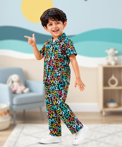 Image of 3BROS Unisex Pure Cotton Short Sleeve Kids Night Dress for Boys & Girls Nightwear /Sleepsuit /Sleepwear /Loungewear Night Suit for Boys and Girls Top and Pyjama Combo Set