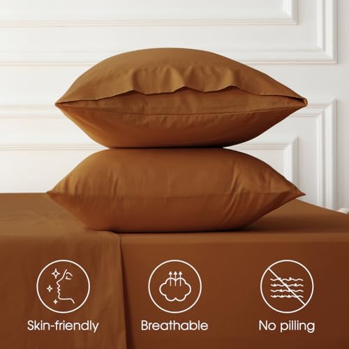 HYPREST 100% Cotton Sheets for Queen Size Bed Deep Pockets Fit 18"- 24" in Deep Mattress, Burnt Orange Hotel Luxury Soft Wrinkle Free Cooling Sheets for Queen Size Bed