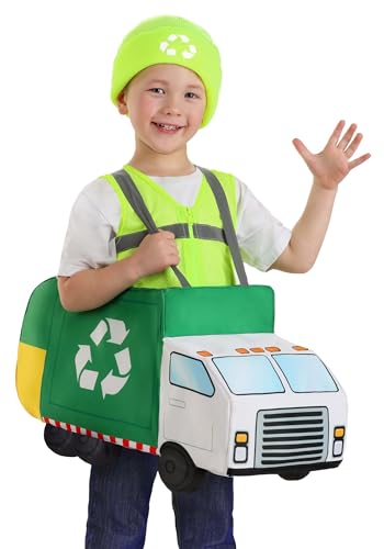 Toddler Garbage Truck Costume | Outfit Includes Yellow Vest Ride-In Vehicle And Hat With Recycling Symbol