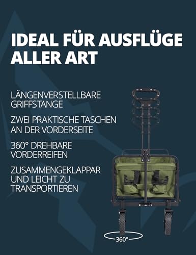 Kirkjubøur® Edda Faltbarer Bollerwagen 90 x 52 x 55 cm, Handwagen für bequem Transport mit 100 Liter Volumen, belastbar bis 110 kg und 360° drehbaren Vorderreifen (Braun) – Bild 4