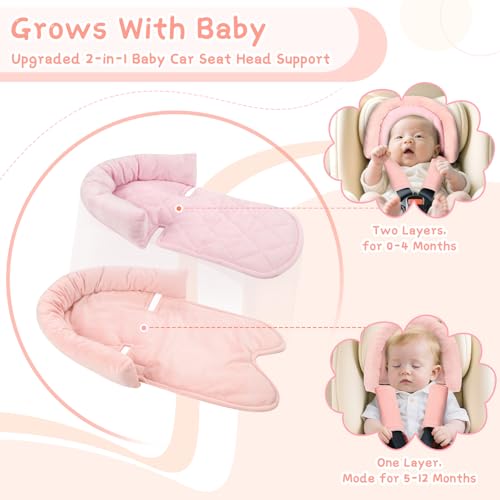 Image of Baby Car Seat Head Body Support & Strap Covers, 2 in 1 Infant Car Seat Insert, Reversible Soft Breathable Newborn Cushion Pads for Preemie, Perfect for Baby Carseats, Strollers, Swings (Light Pink)