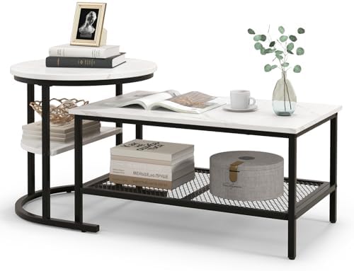 FINEBUY - Set Di 2 Tavolini Da Caffè Marrone In Legno Massello Di Acacia E Effeto Pietra Rotondo Tavolino In 2 Parti Metallo Moderno Tavoli Da Salotto Rotondi Tavoli Ad Incastro Di Design Fb55603