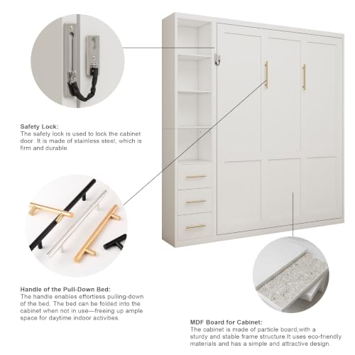 Image of KEIKI Queen Size Vertical Cabinet Murphy Bed with 1 Side Cabinet, Multifunctional Foldable Hideaway Wall Metal Bed Frame with Slats, No Box Spring Needed, Easy Assembly, for Bedroom, Guest room, White
