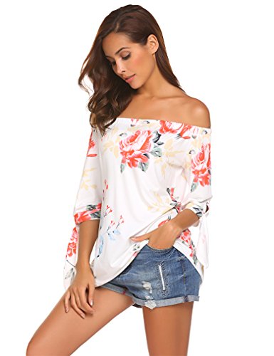 Qearal Women's Floral Printed Long Sleeve Off Shoulder Casual Tops T-Shirt (White, S)