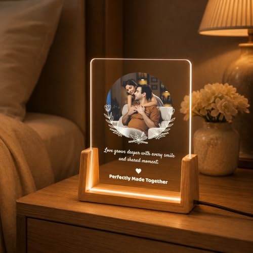 Image of Giftplease Personalized LED Acrylic Photo Frame with Custom Photo & Text | Engraved Acrylic Picture Lamp with Wooden LED Base | USB Warm Night Light for Anniversary, Wedding, Birthday, Couple & Family