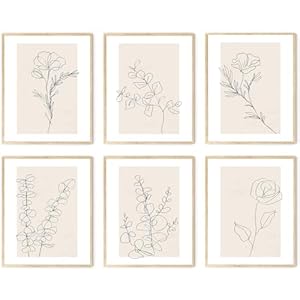 Neutral Botanical Wall Art Set of 6, Minimalist Abstract Botanical Prints Beige Leaf Plant Wall Decor Canvas Line Artwork, Boho Floral Botanical Wall Decor for Bathroom, Bedroom, Living Room,