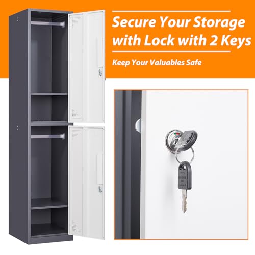 Image of Metal Locker for Home, Dressing Room, 71 inch Steel Storage Lockers for Employees, Lockable Locker Cabinet with 2 Doors (Grey White)