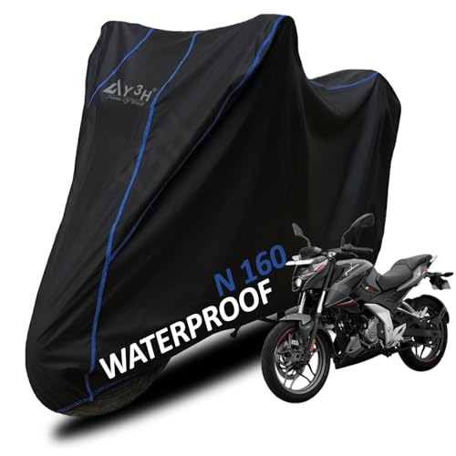 Image of Bike Body Cover Pulsar N160 Full Body Cover with Waterproof, Dust Proof, UV Rays Protective, Tripple Stitching & Lightweight Two Wheeler Covers - Black with Waterproof Blue Piping