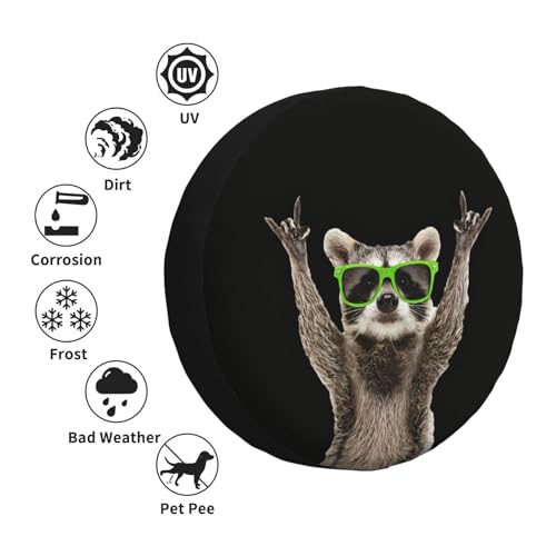 Image of Spare Tire Cover with Funny Green Glasses Raccoon Pattern Wheel Protectors Weatherproof Wheel Covers Universal Fit for SUV Truck Rv Travel Camper Trailers Accessories 17inch
