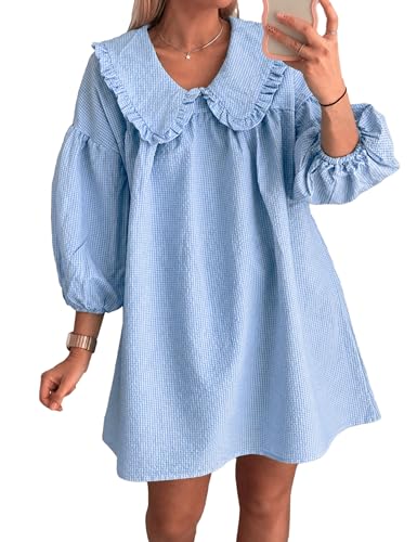 Image of Ynhonra Women's Gingham Mini Dress 3 /4 Puff Sleeve Babydoll Doll Collar