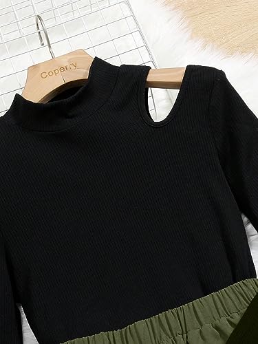Image of OYOANGLE Girls' 2 Piece Outfits Rib Knit Cut Out Long Sleeve Tops And Cargo Pants Army Green 8-9Y