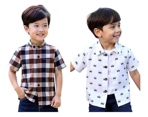 Image of Boys Short Sleeve Button Down Shirts, Plaid and Striped Pattern, Cotton Casual Tops, Pack of 2