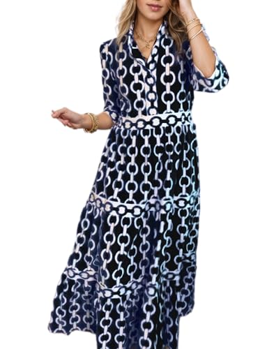Akivide Women's Boho Printed Lapel 3/4 Sleeve Dress Summer Casual