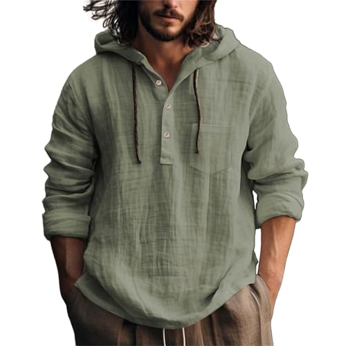 Generisch 2025 - Moda Hombre Color sólido Bolsillo Capucha Manga Larga Abrigo Lino Casual Camisa Hombre Camisa Invierno Hombre, verde, S