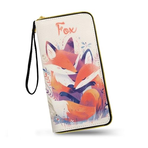 Forest Fox Lover Wallet for Women Red Fox Couple Print Ladies Clutch Wristlet Wrist Strap Long Purse, Natural Animals Zip around Phone Purse Card Holder Organizer
