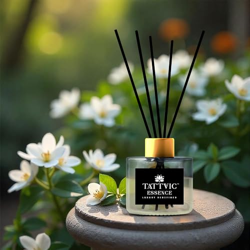 Image of Jasmine Reed Diffuser Set by Tattvic Essence | 6 Fiber Reed Sticks Free | Stress Relief & Aromatherapy | Long-Lasting, Smoke-Free Air Freshener for Home, Bedroom & Office | Ideal for Gifting | 120ml