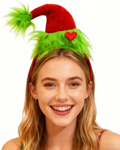 Hiwtonk Green Furry Headband Christmas Hat Red Heart Cute Headband for Women Girls Christmas Halloween Cosplay Costume Accessories