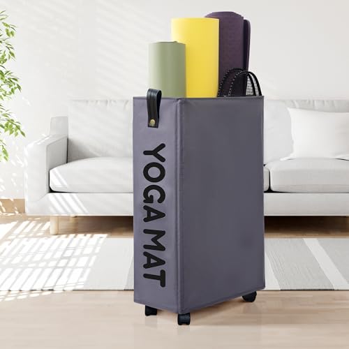 Caroeas 22 inches Yoga Mat Storage Basket Large Yoga Mat Holder Accessories Home Gym Equipment Storage Yoga Mats Women Men Workout Equipment Organization with 4 Wheels Dark Gray