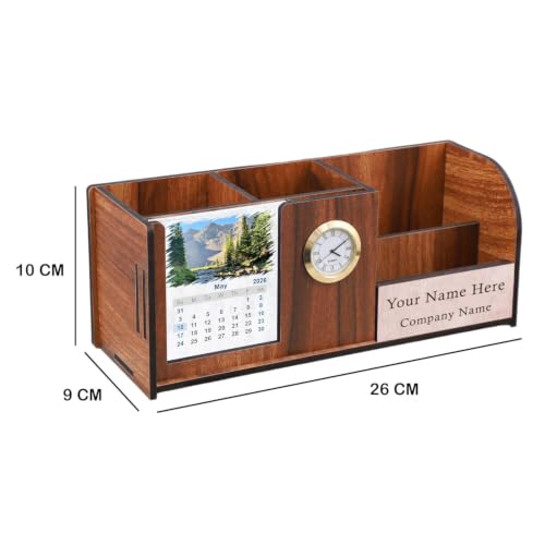 Image of Deskart Personalized Pen Holder Stand with Clock, Two Years Calendar, Business Visiting Card & Mobile Holder | Multipurpose Desk Organizer with Name Engraving for Office Desk and Gifting