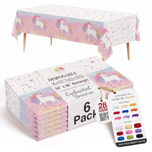 Image of Exquisite Enchanting Unicorn Table Cover 6 Pack 54 in. x 108 in. Rectangle Plastic Tablecloth Disposable Table Covers for Magical Rainbow Pastel Girls Birthday Party Supplies Decorations