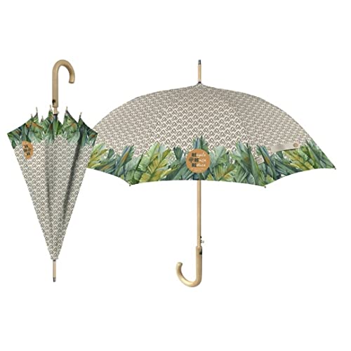 PERLETTI Parapluie femme 61/8 automatique imprimé arbre bananier tissu recyclé, structure en fibre de verre, anti-vent et manchette en bois naturel Green,...