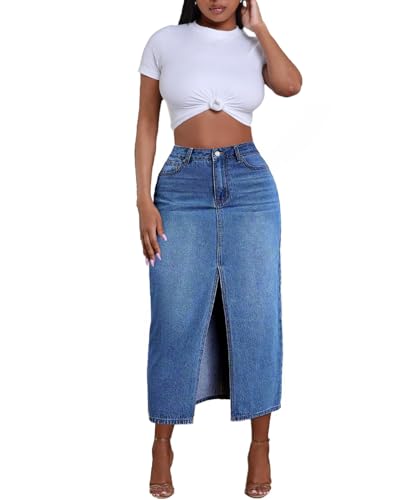 Jean Skirt for Women Denim Skirt High Waist Stretch Midi Denim Sk...