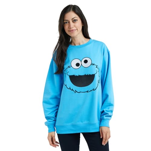 Sesame Street Big Face Cookie Monster Blue Crew Neck Long Sleeve Oversized Fleece Sweatshirt-XL