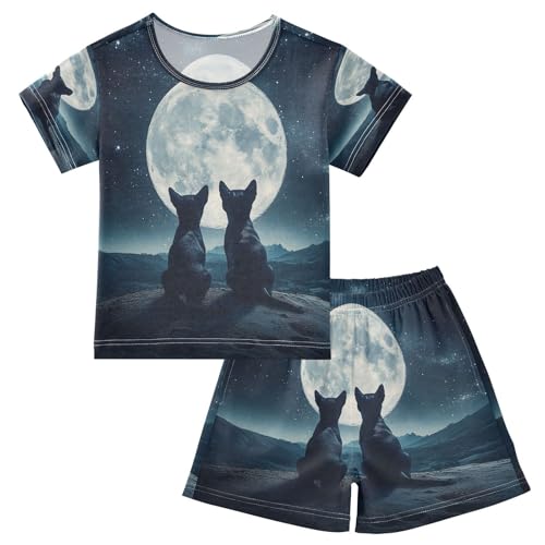 ALAZA Dog Moon Night Pajamas Set Short Sleeve Cotton Sleepwear Summer Pjs 2 Piece 5-14Y