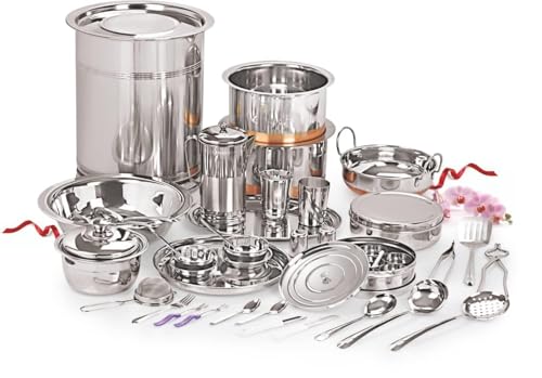 Image of VENZIO Premium 101-Piece Stainless Steel Dinner Set | Complete Kitchen Combo with Storage Drum, Cookware, and Cutlery | Mirror Finish Food-Grade Steel Gift Set for Home and Weddings