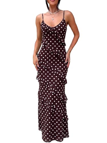 Image of HOCILLE Women's Sexy V Neck Backless Bodycon Spaghetti Strap Elegant Ruffle Maxi Cocktail Party Dresses