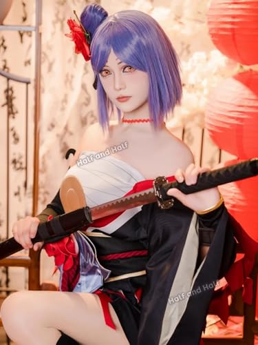 Image of Half and Half Short Purple Bob Anime Cosplay Wig with Bangs & Bun 13.4'' Light Purple Nin-ja Women's Synthetic Hair Wigs for Halloween Party Costumes