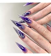 Long Stiletto Press on Nails Purple Amber Fake Nails with Silver Irregularity Designs Glue on Nai...