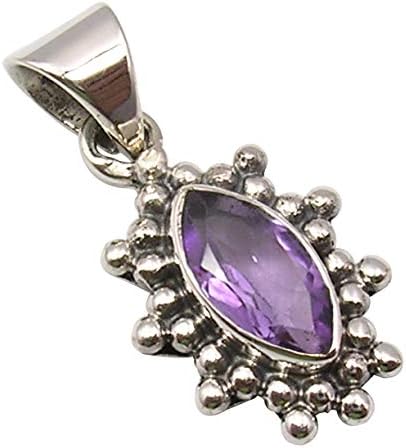 925 Solid Silver 5 x 10 mm Amethyst Pendant 0.9" Handcrafted Gift