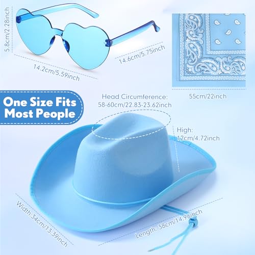 Image of Coume 6 Sets Cowboy Hat with Heart Sunglasses and Paisley Bandanas Western Cowgirl Hat for Cosplay Costume Adults(Blue)