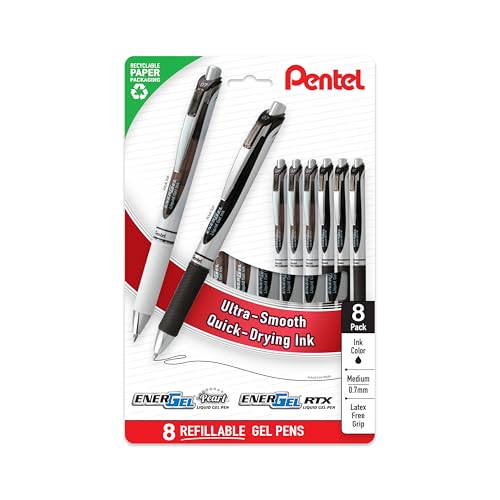Pentel EnerGel RTX y Pearl Bolígrafo Gel Líquido Retráctil 0.7mm Negro 8 Unidades miniatura 1