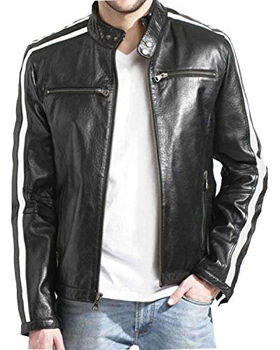 Black Café Racer White Striped Mens Leather Jacket