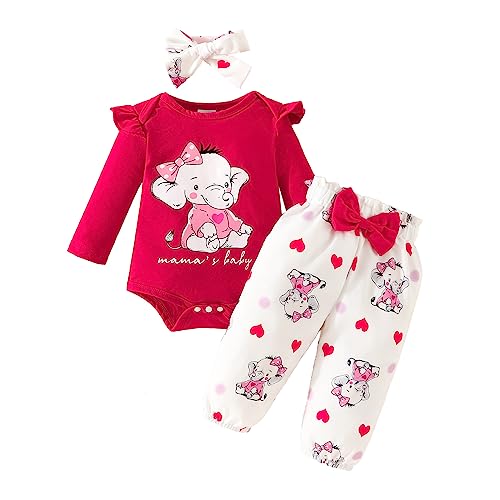 Newborn Baby Girls Valentine's Day Outfits Ruffle Long Sleeve Romper Top Flower Pants Headband 3PCS Toddler Clothes (C Red, 12-18 Months)