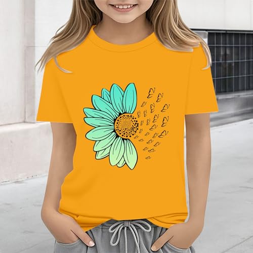 Girls Loose Fit Sunflower Graphic T Shirts Short Sleeve Crewneck Cute Pattern Printed Tops Kids (I-Yellow, 3-4 Years)4