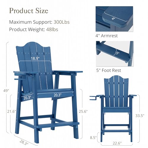 LUE BONA Tall Adirondack Chairs Set of 2, HDPS Poly Balcony Chair with Cup Holder, All-Weather Adirondack Chair Bar stools, Outdoor Adirondack Barstools for Deck, Patio
