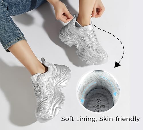 Image of K KIP WOK Chunky Sneakers for Women Fashion Platform White Leather Casual Dad Shoes Comfortable Wedge Walking Sport Sneakers | White Leather Casual Dad Shoes Comfortable Wedge Walking Sport Sneakers