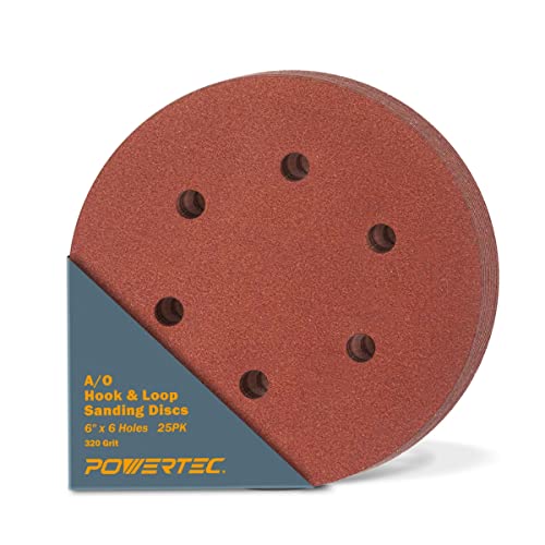 POWERTEC 320 Grit, 25 PK, 6 Inch Sanding Discs – Hook and Loop, 6-Hole Aluminum Oxide Orbital Sander Pads, Woodworking & Paint Round Sandpaper for Random Orbital, Air, Pneumatic & DA Sanders (45232)