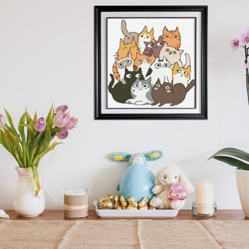 Image of FREEBLOSS 11CT Cross Stitch Kits 13 Cats Pattern Stamped Cross Stitch Wall Painting Craft Kit Full Range of Embroidery Starter Kits for Adult Beginners with Instruction 17.7 x 17.7