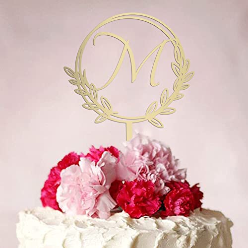 Vinisong Personalized Initial Letter M Golden Cake Topper Wooden Cake Decoration Wreath Cake Topper Perfect For Birthday Rustic Wedding Anniversary Keepsake Party Decoration #TOP3