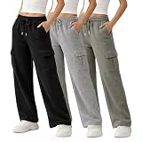 Common Stitch 3 Pack Wide Leg Cargo Fleece Sweatpants for Women — 4 Pockets, Relaxed Fit, Elastic Drawstring Waist
