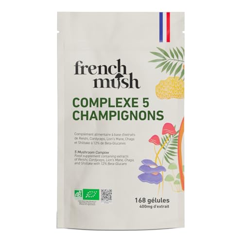 French Mush Complexe 5 Champignons Bio Grand Format - 168 Gélules Vegan - Shiitake, Lion’s Mane, Reishi, Cordyceps, Chaga - Digestion, Bien-Être Intérieur, Vitalité - Testé en Laboratoire