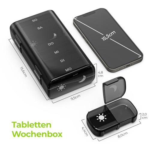 AUVON Tablettenbox 7 Tage Morgens Abends, Handlicher Medikamentenbox Pillendose mit großen Fächern & Privacy-Schutz in Schwarz - Ideal für Medikamente, Vitamine, Fischöl & Nahrungsergänzungsmittel
