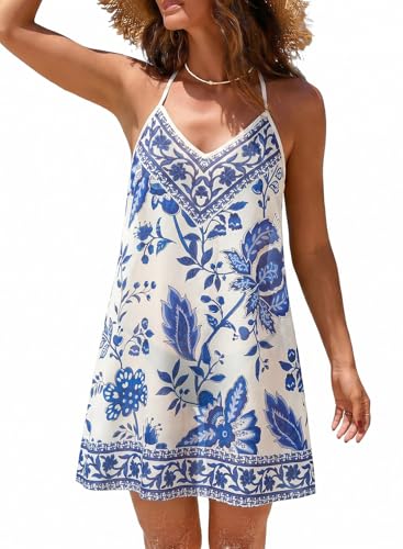Dokotoo See Through Summer Dresses for Women 2026 Vacation Beach Cover Ups Swimsuit Sleeveless Blue Sundresses Casual Loose Tank Sun Dresses Cute Floral Vacation Clothes Small