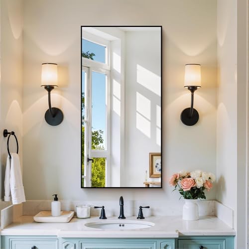 Image of COFENY Black Bathroom Mirror for Wall, 20x40 Inch Rectangle Mirror with Metal Frame, Modern Vanity Mirrors for Bathroom Living Room, Entryway Hangs Horizontal or Vertical
