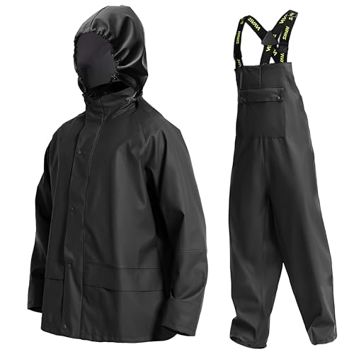 Navis Marine Traje de Lluvia Hombre – PVC/PU Impermeable resistente EN 343, chaqueta con capucha y pantalón para trabajo, pesca, construcción y uso diario(Black, L)